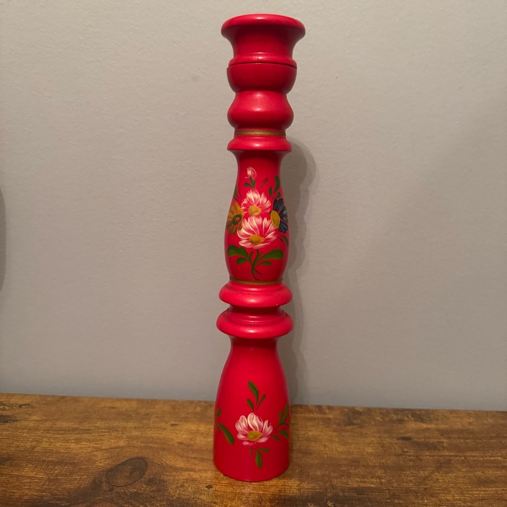 Vintage Tall Hand Painted Red Wooden Pepper Mill Floral Folk Art Grinder